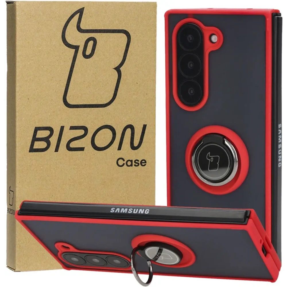 Etui z uchwytem na palec Bizon Case Hybrid Ring do Samsung Galaxy Z Fold6 przydymione z czerwoną ramką