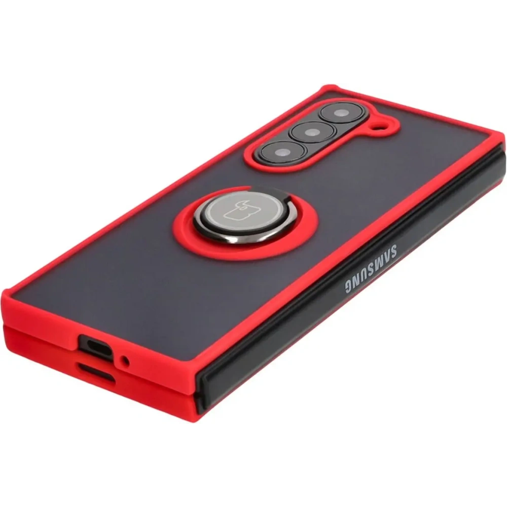 Etui z uchwytem na palec Bizon Case Hybrid Ring do Samsung Galaxy Z Fold6 przydymione z czerwoną ramką