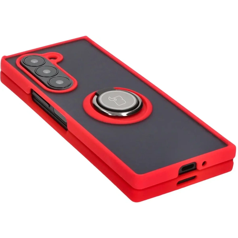 Etui z uchwytem na palec Bizon Case Hybrid Ring do Samsung Galaxy Z Fold6 przydymione z czerwoną ramką
