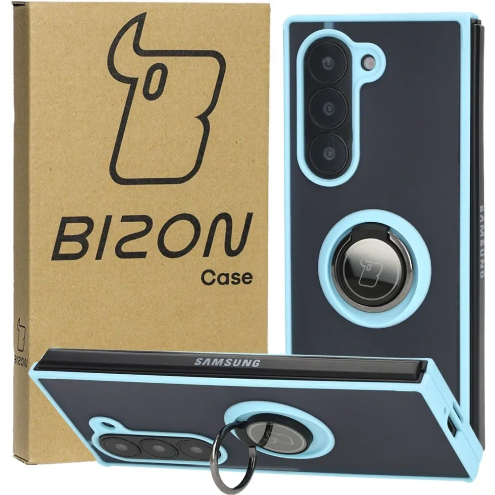 Etui z uchwytem na palec Bizon Case Hybrid Ring do Samsung Galaxy Z Fold6 przydymione z jasnoniebieską ramką