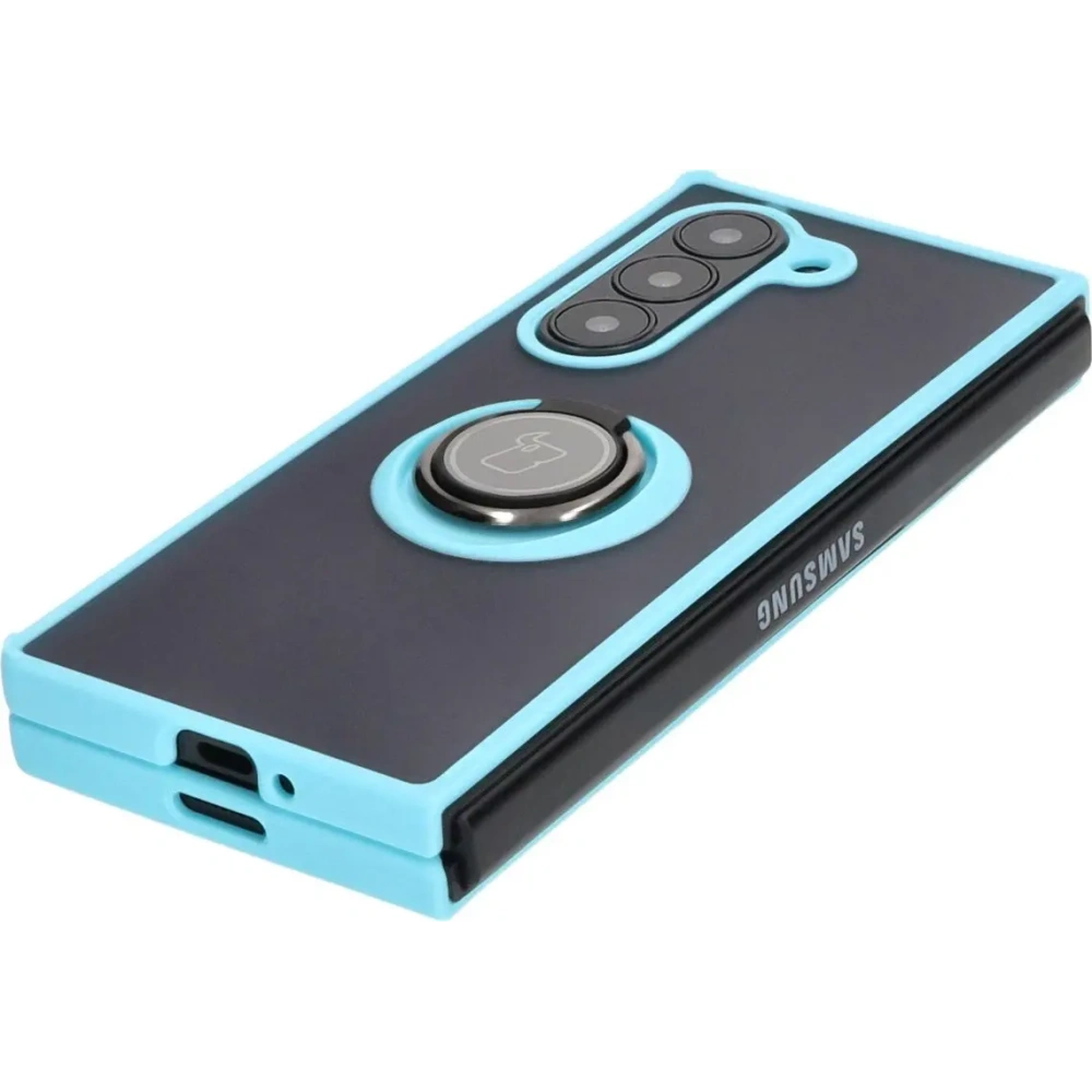 Etui z uchwytem na palec Bizon Case Hybrid Ring do Samsung Galaxy Z Fold6 przydymione z jasnoniebieską ramką