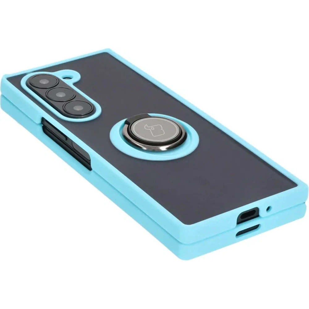 Etui z uchwytem na palec Bizon Case Hybrid Ring do Samsung Galaxy Z Fold6 przydymione z jasnoniebieską ramką