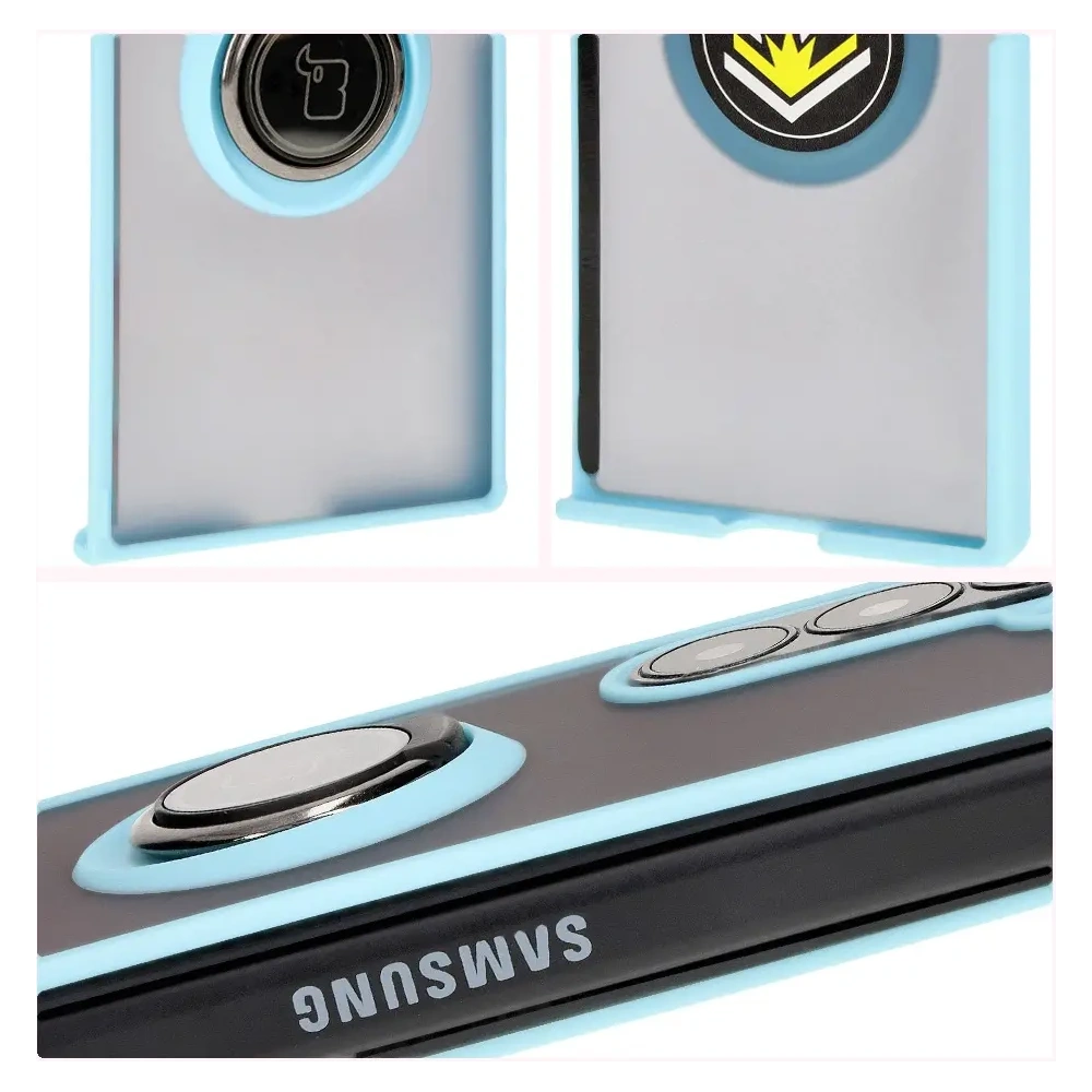 Etui z uchwytem na palec Bizon Case Hybrid Ring do Samsung Galaxy Z Fold6 przydymione z jasnoniebieską ramką