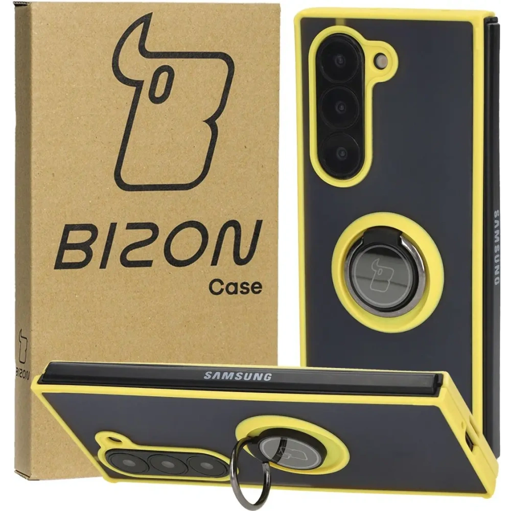 Etui z uchwytem na palec Bizon Case Hybrid Ring do Samsung Galaxy Z Fold6 przydymione z żółtą ramką