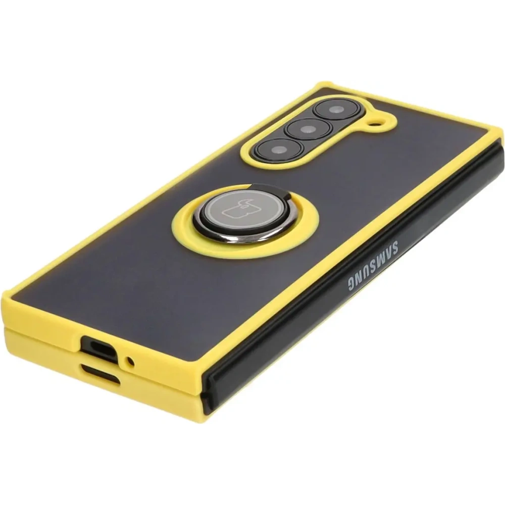Etui z uchwytem na palec Bizon Case Hybrid Ring do Samsung Galaxy Z Fold6 przydymione z żółtą ramką