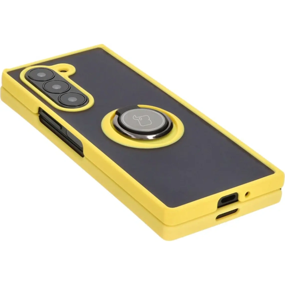 Etui z uchwytem na palec Bizon Case Hybrid Ring do Samsung Galaxy Z Fold6 przydymione z żółtą ramką