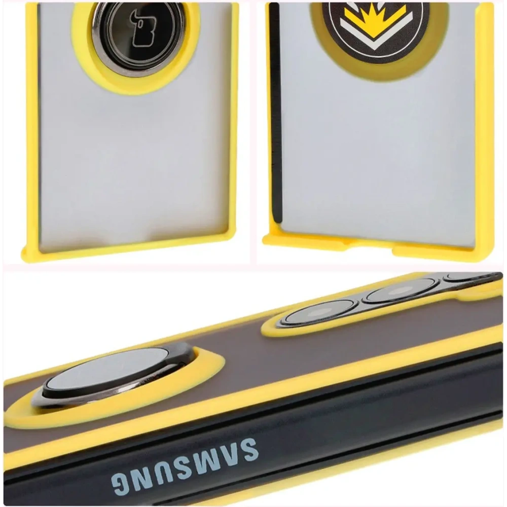 Etui z uchwytem na palec Bizon Case Hybrid Ring do Samsung Galaxy Z Fold6 przydymione z żółtą ramką