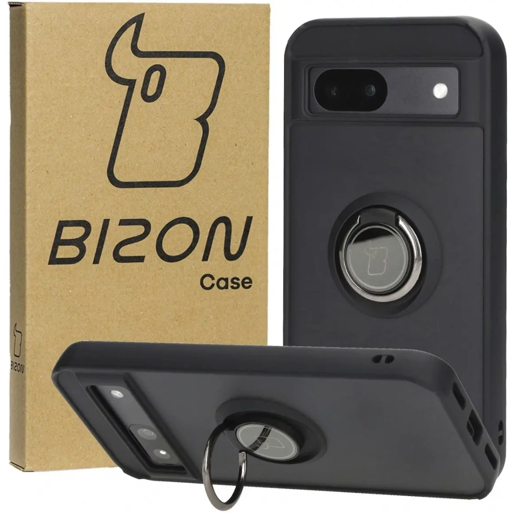Etui z uchwytem na palec Bizon Case Hybrid Ring do Google Pixel 8a przydymione z czarną ramką
