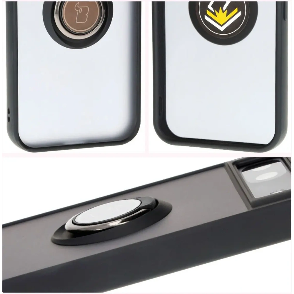 Etui z uchwytem na palec Bizon Case Hybrid Ring do Google Pixel 8a przydymione z czarną ramką