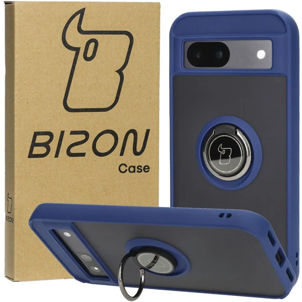 Etui z uchwytem na palec Bizon Case Hybrid Ring do Google Pixel 8a przydymione z granatową ramką