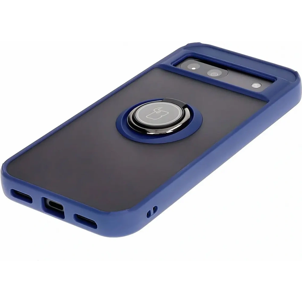 Etui z uchwytem na palec Bizon Case Hybrid Ring do Google Pixel 8a przydymione z granatową ramką
