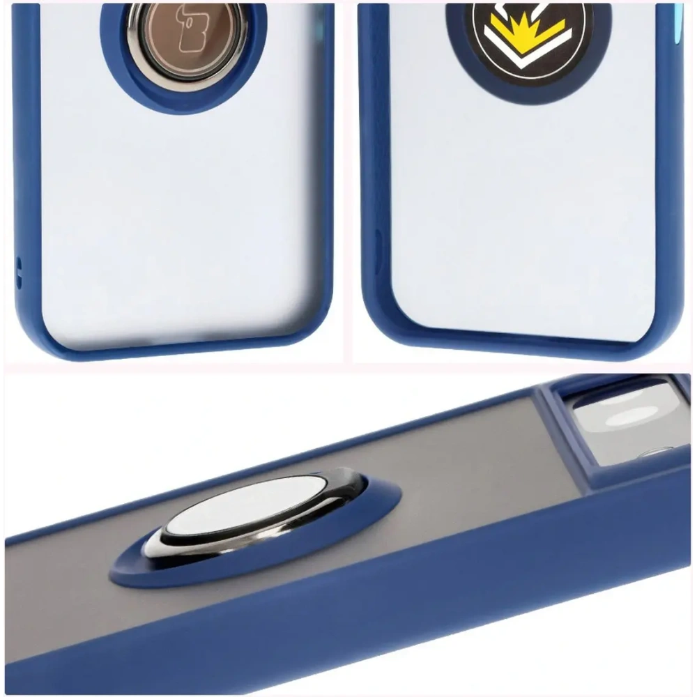 Etui z uchwytem na palec Bizon Case Hybrid Ring do Google Pixel 8a przydymione z granatową ramką