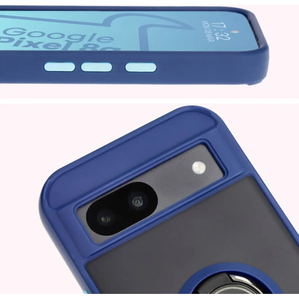 Etui z uchwytem na palec Bizon Case Hybrid Ring do Google Pixel 8a przydymione z granatową ramką