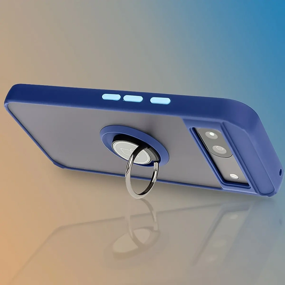Etui z uchwytem na palec Bizon Case Hybrid Ring do Google Pixel 8a przydymione z granatową ramką