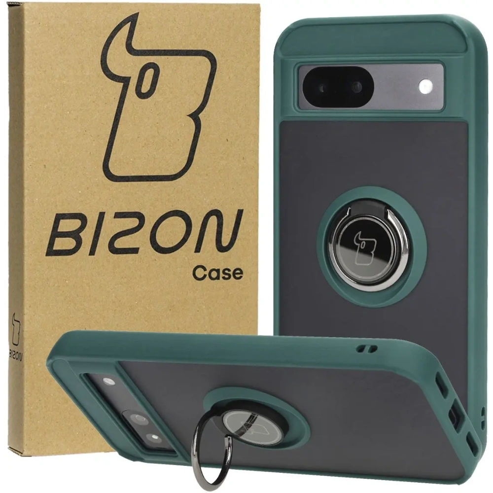 Etui z uchwytem na palec Bizon Case Hybrid Ring do Google Pixel 8a przydymione z ciemnozieloną ramką