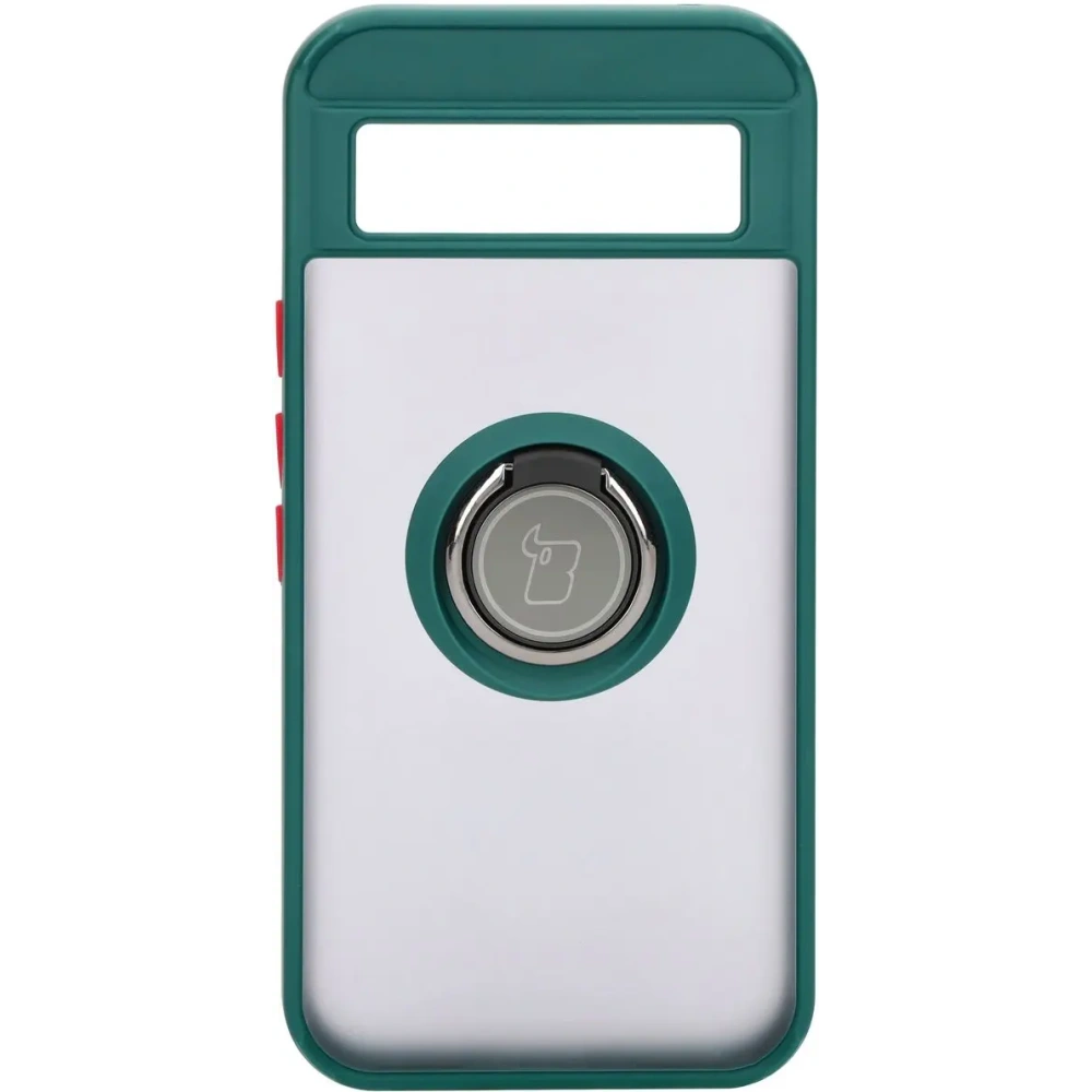 Etui z uchwytem na palec Bizon Case Hybrid Ring do Google Pixel 8a przydymione z ciemnozieloną ramką