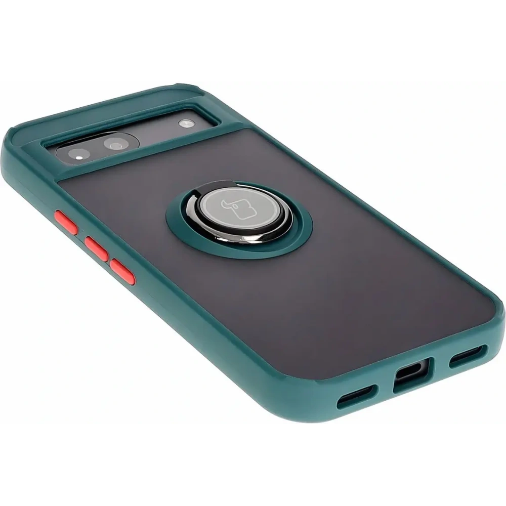 Etui z uchwytem na palec Bizon Case Hybrid Ring do Google Pixel 8a przydymione z ciemnozieloną ramką