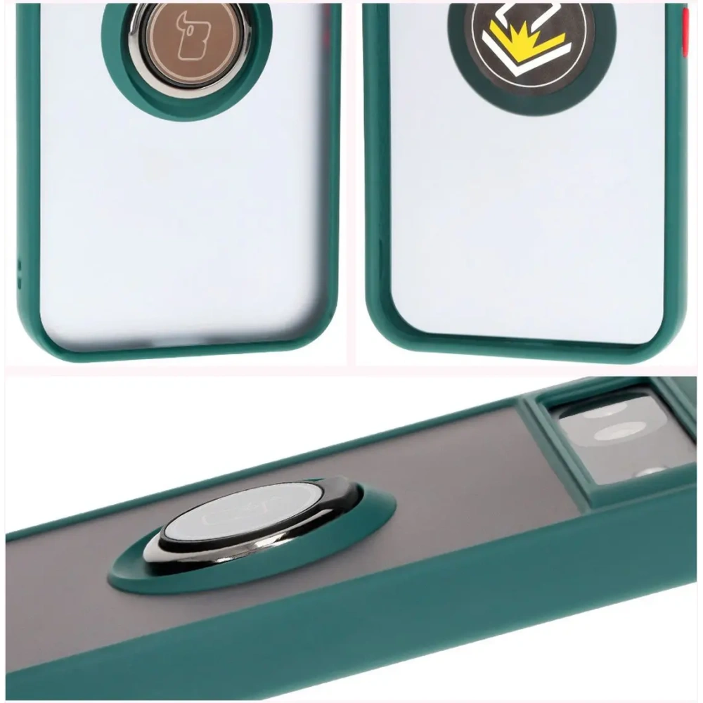 Etui z uchwytem na palec Bizon Case Hybrid Ring do Google Pixel 8a przydymione z ciemnozieloną ramką