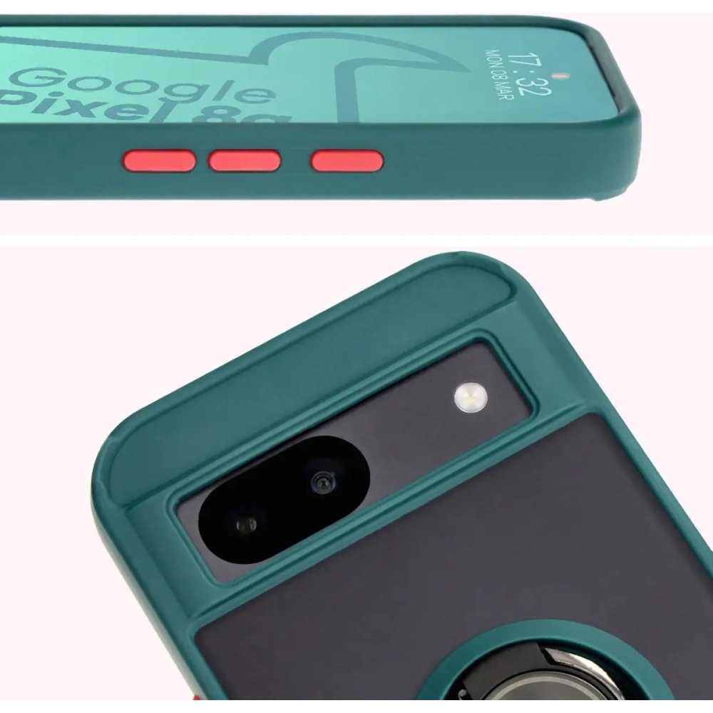 Etui z uchwytem na palec Bizon Case Hybrid Ring do Google Pixel 8a przydymione z ciemnozieloną ramką