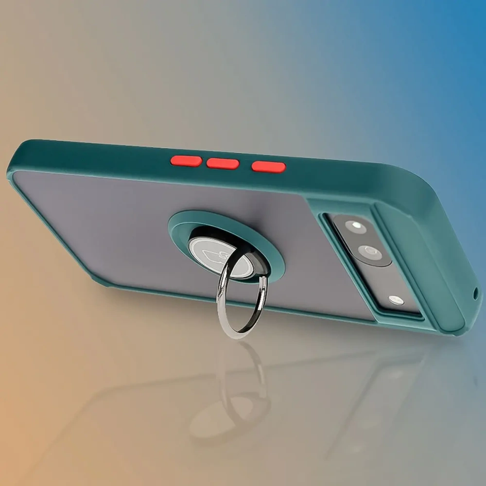 Etui z uchwytem na palec Bizon Case Hybrid Ring do Google Pixel 8a przydymione z ciemnozieloną ramką