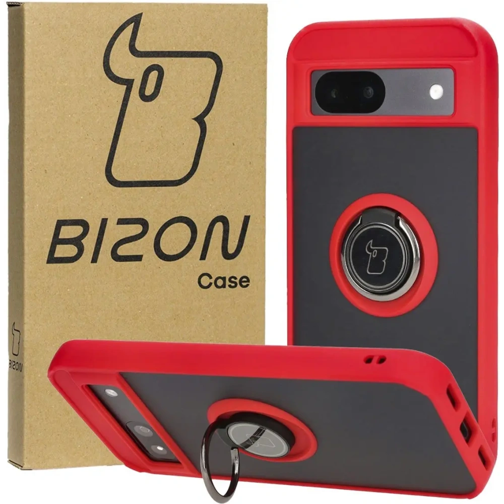 Etui z uchwytem na palec Bizon Case Hybrid Ring do Google Pixel 8a przydymione z czerwoną ramką