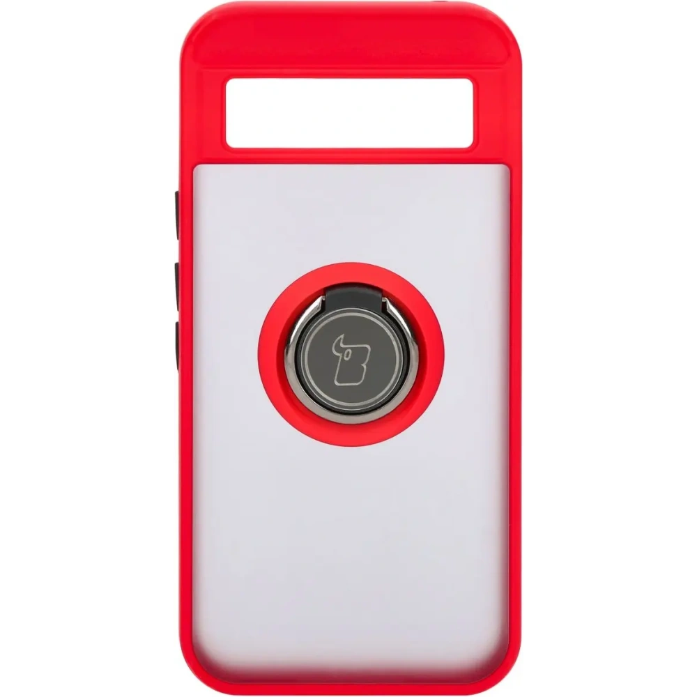 Etui z uchwytem na palec Bizon Case Hybrid Ring do Google Pixel 8a przydymione z czerwoną ramką