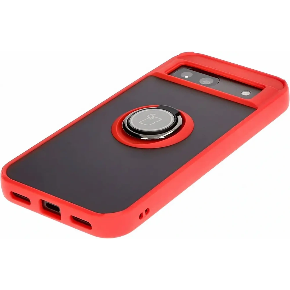 Etui z uchwytem na palec Bizon Case Hybrid Ring do Google Pixel 8a przydymione z czerwoną ramką