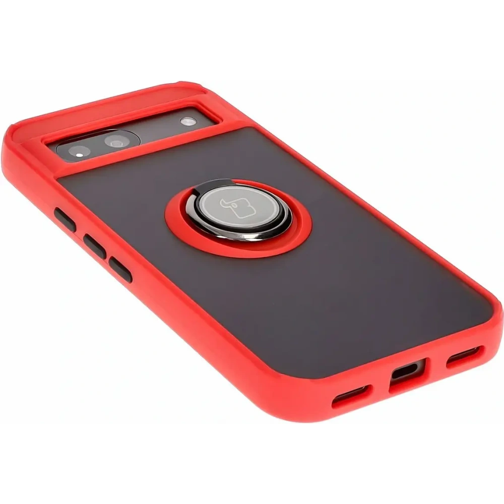 Etui z uchwytem na palec Bizon Case Hybrid Ring do Google Pixel 8a przydymione z czerwoną ramką