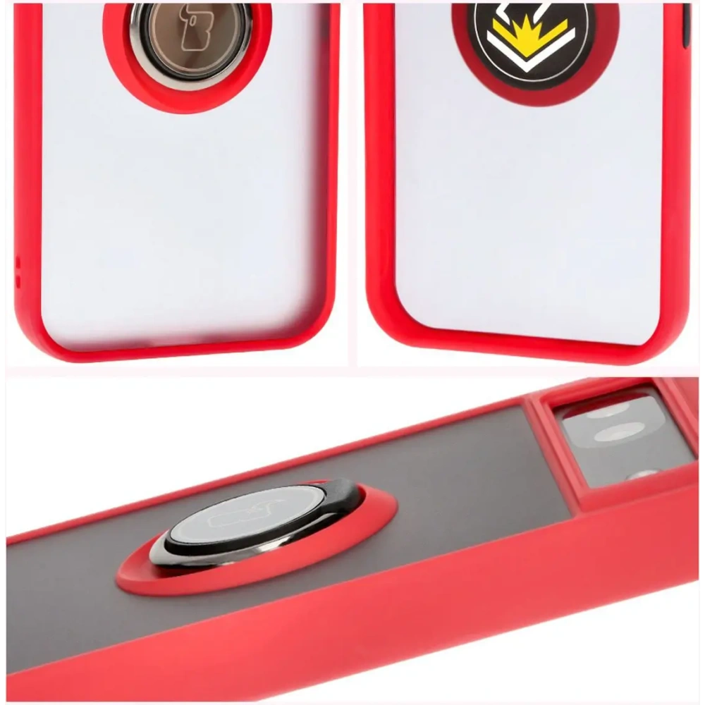 Etui z uchwytem na palec Bizon Case Hybrid Ring do Google Pixel 8a przydymione z czerwoną ramką