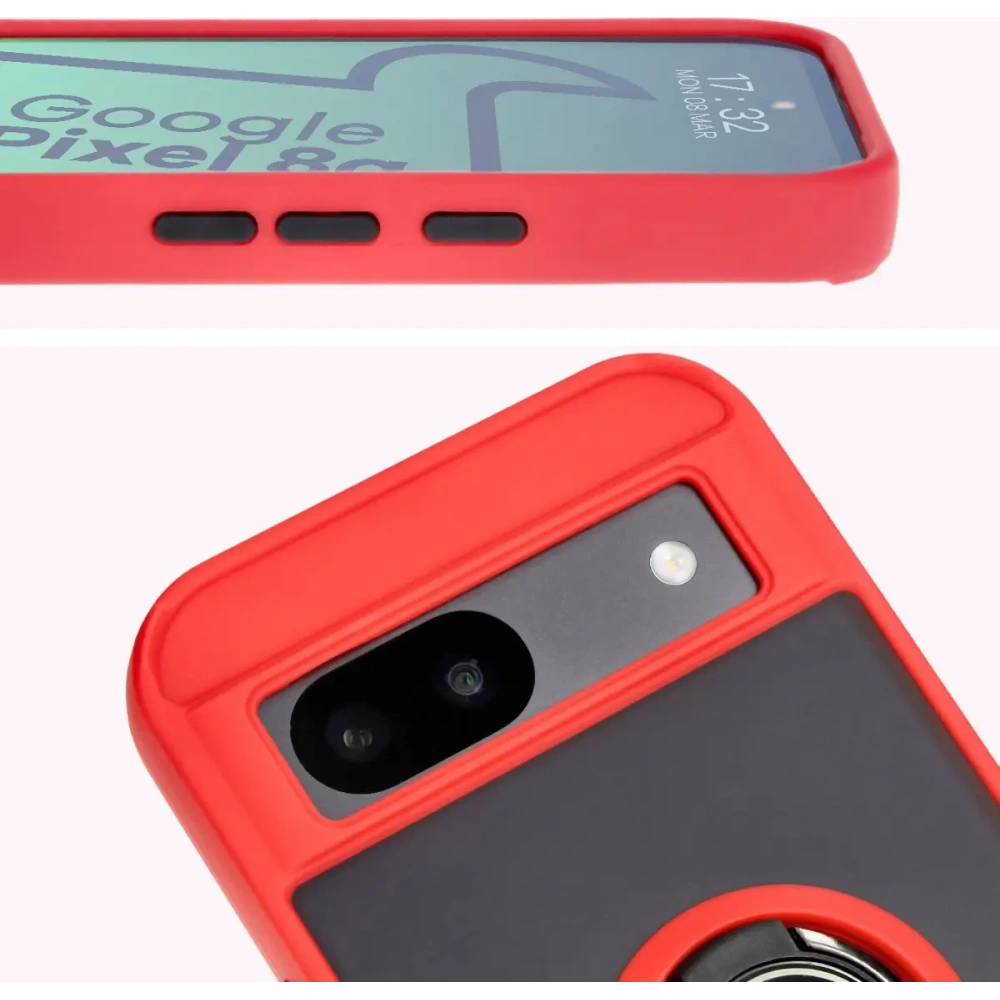 Etui z uchwytem na palec Bizon Case Hybrid Ring do Google Pixel 8a przydymione z czerwoną ramką