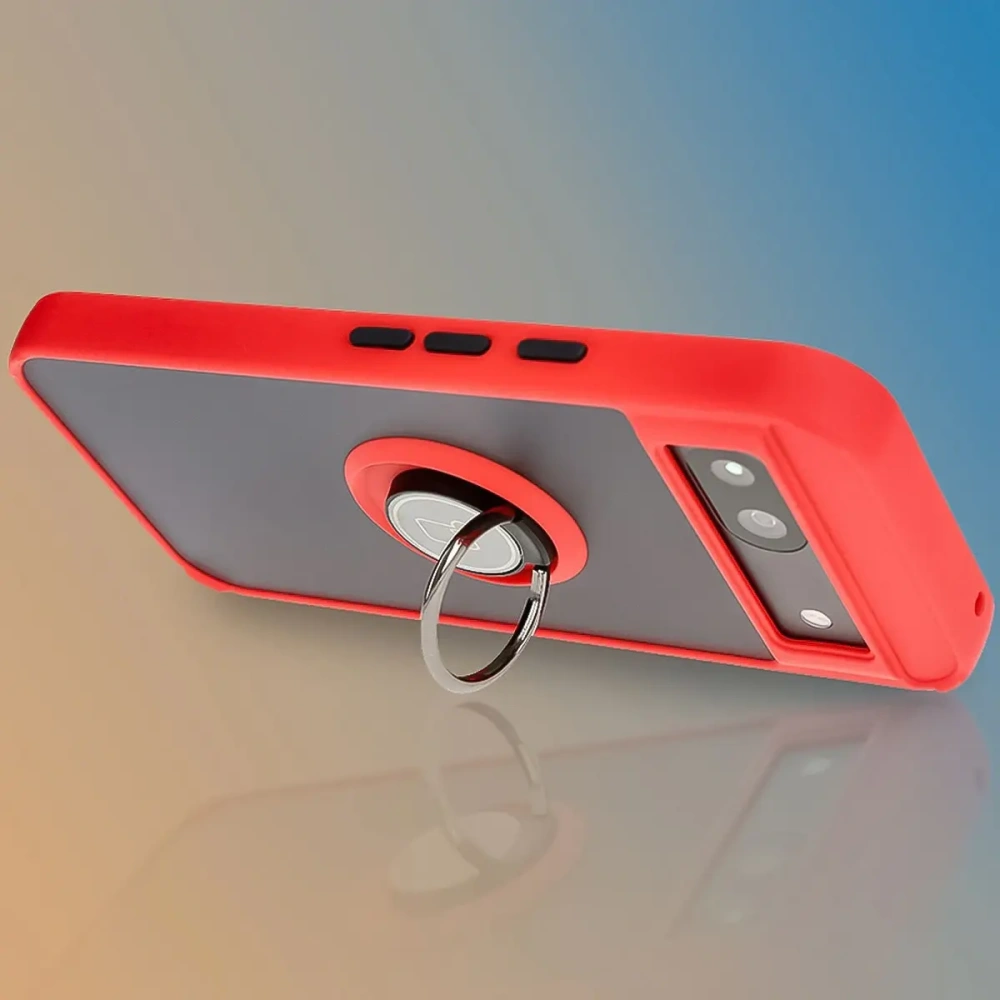 Etui z uchwytem na palec Bizon Case Hybrid Ring do Google Pixel 8a przydymione z czerwoną ramką
