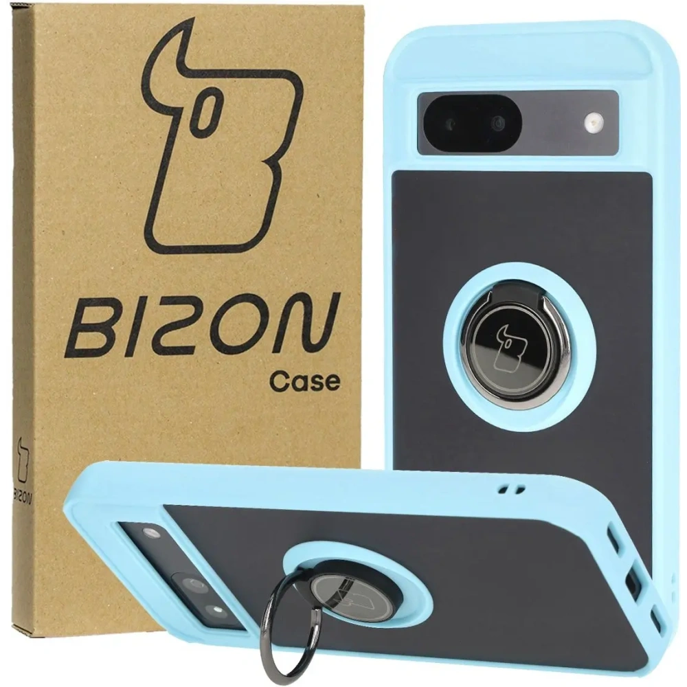 Etui z uchwytem na palec Bizon Case Hybrid Ring do Google Pixel 8a przydymione z jasnoniebieską ramką