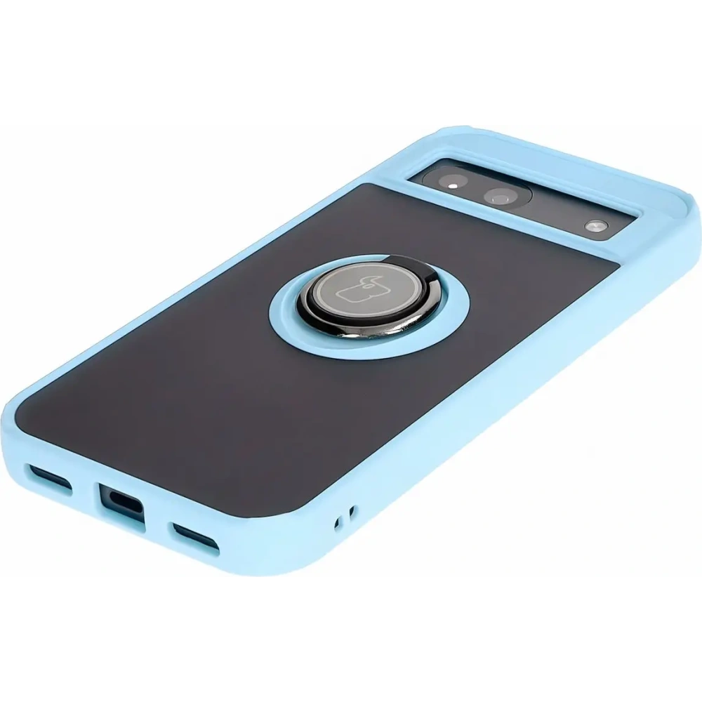 Etui z uchwytem na palec Bizon Case Hybrid Ring do Google Pixel 8a przydymione z jasnoniebieską ramką