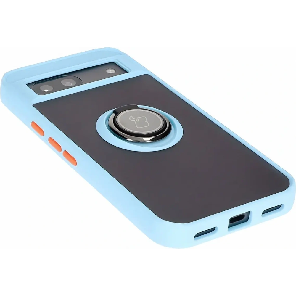 Etui z uchwytem na palec Bizon Case Hybrid Ring do Google Pixel 8a przydymione z jasnoniebieską ramką