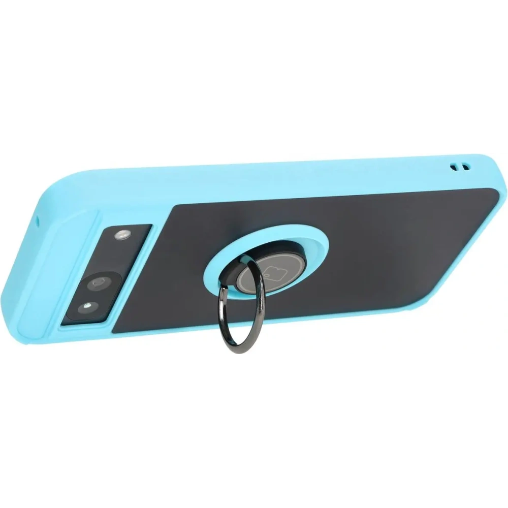 Etui z uchwytem na palec Bizon Case Hybrid Ring do Google Pixel 8a przydymione z jasnoniebieską ramką