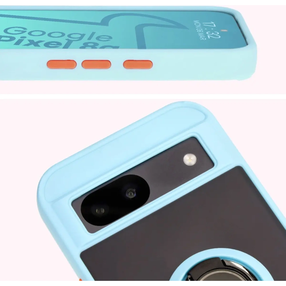 Etui z uchwytem na palec Bizon Case Hybrid Ring do Google Pixel 8a przydymione z jasnoniebieską ramką