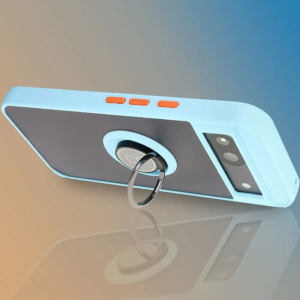Etui z uchwytem na palec Bizon Case Hybrid Ring do Google Pixel 8a przydymione z jasnoniebieską ramką
