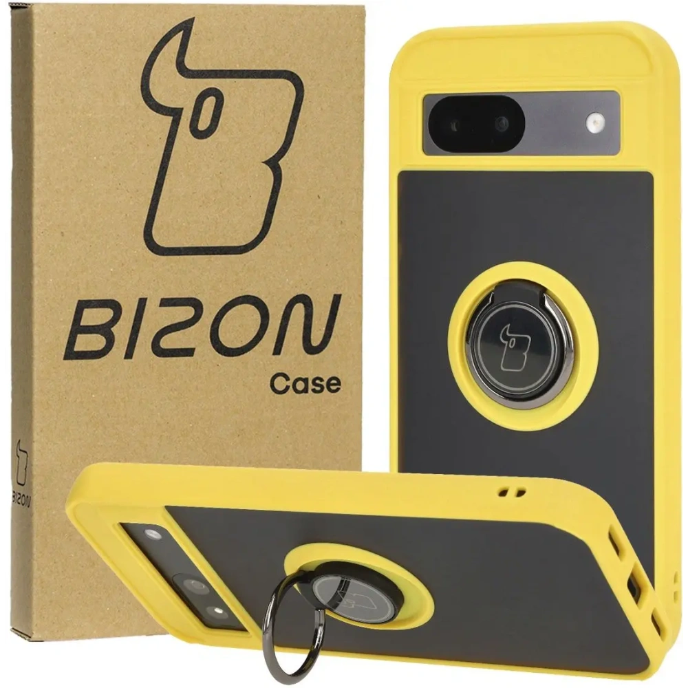 Etui z uchwytem na palec Bizon Case Hybrid Ring do Google Pixel 8a przydymione z żółtą ramką