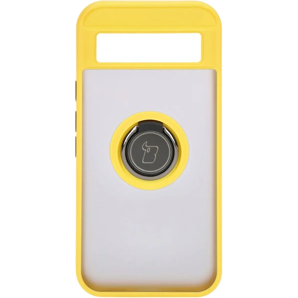 Etui z uchwytem na palec Bizon Case Hybrid Ring do Google Pixel 8a przydymione z żółtą ramką