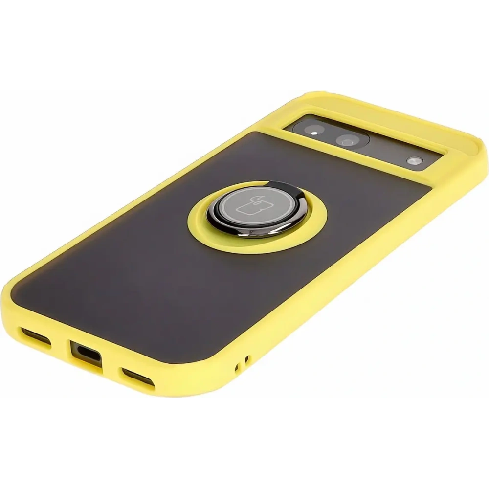 Etui z uchwytem na palec Bizon Case Hybrid Ring do Google Pixel 8a przydymione z żółtą ramką