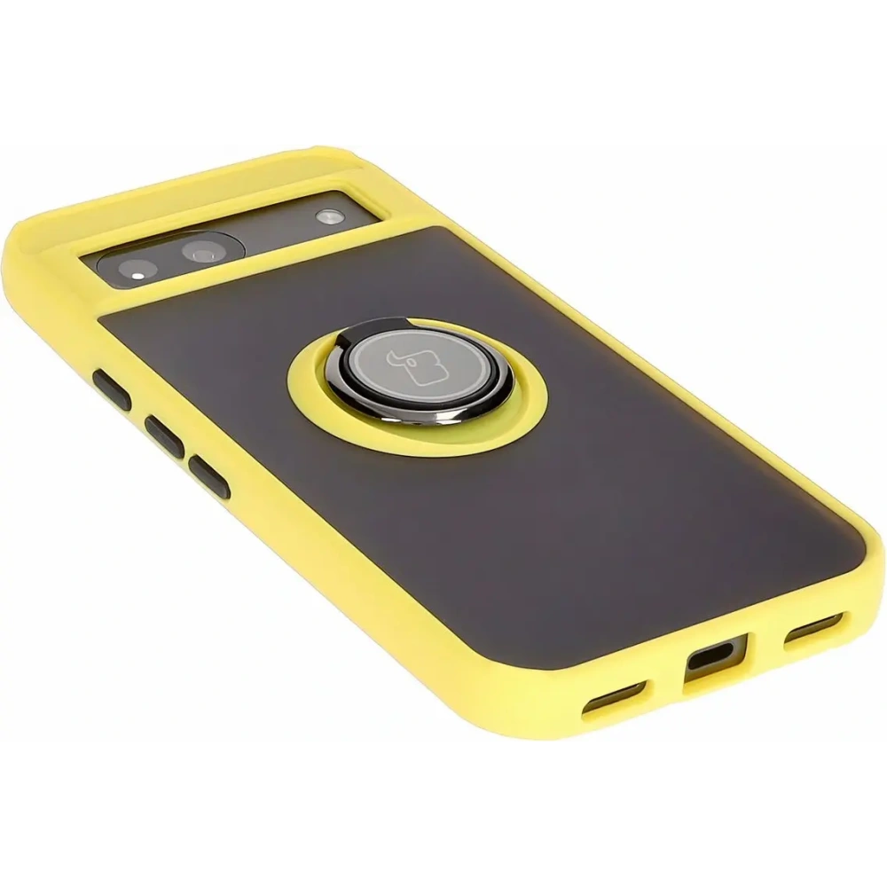 Etui z uchwytem na palec Bizon Case Hybrid Ring do Google Pixel 8a przydymione z żółtą ramką