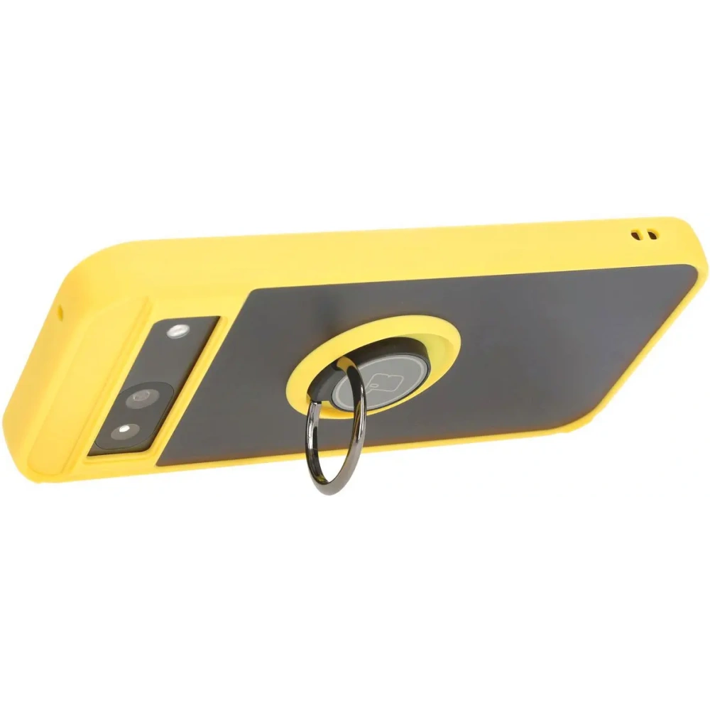 Etui z uchwytem na palec Bizon Case Hybrid Ring do Google Pixel 8a przydymione z żółtą ramką