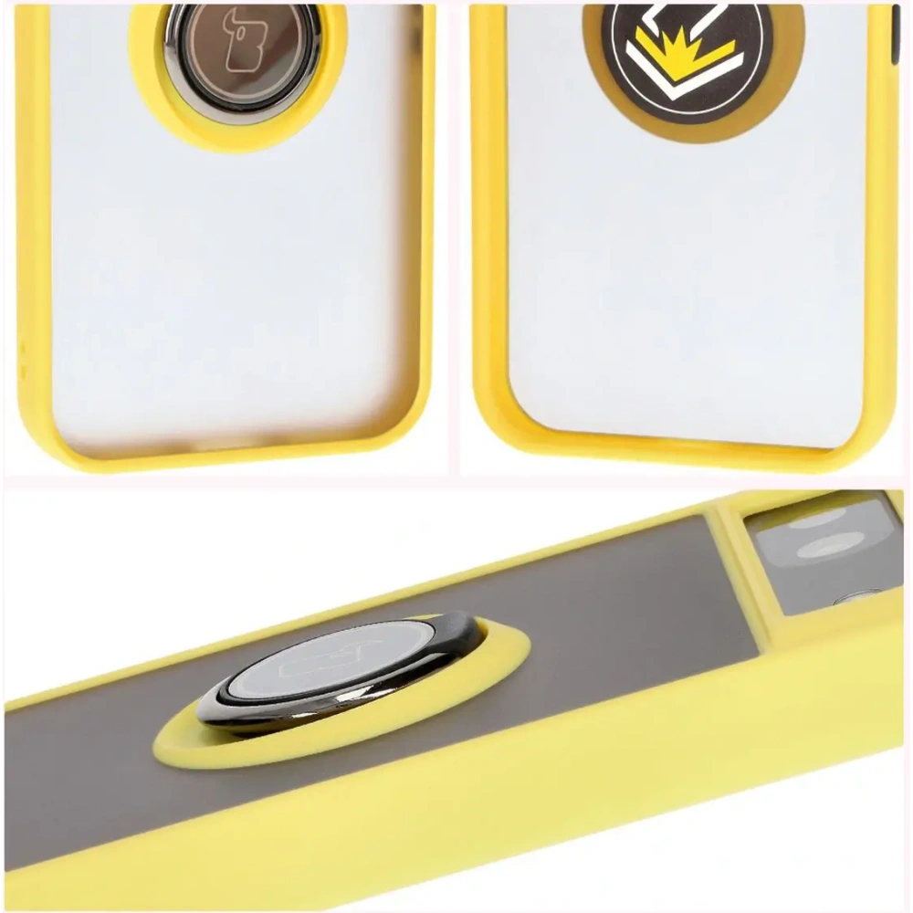 Etui z uchwytem na palec Bizon Case Hybrid Ring do Google Pixel 8a przydymione z żółtą ramką