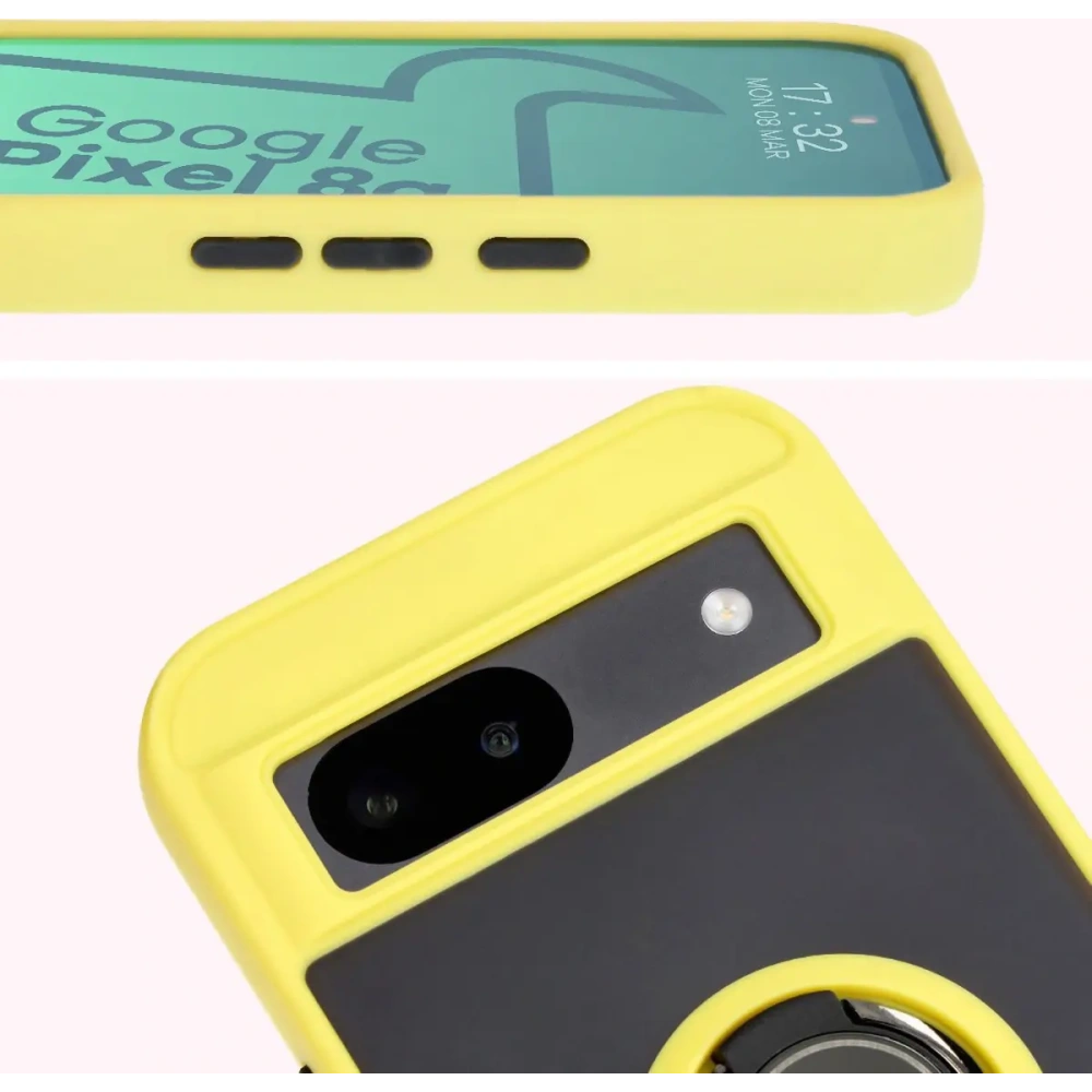 Etui z uchwytem na palec Bizon Case Hybrid Ring do Google Pixel 8a przydymione z żółtą ramką