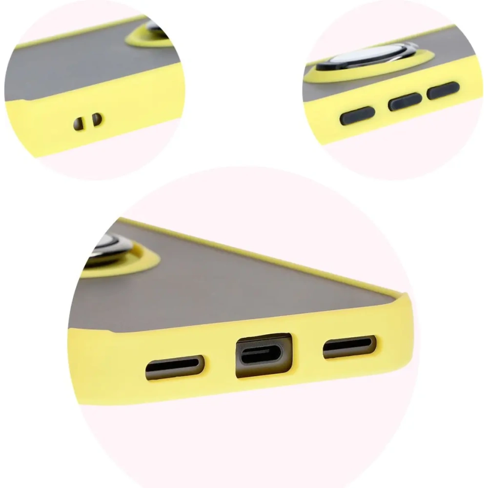 Etui z uchwytem na palec Bizon Case Hybrid Ring do Google Pixel 8a przydymione z żółtą ramką