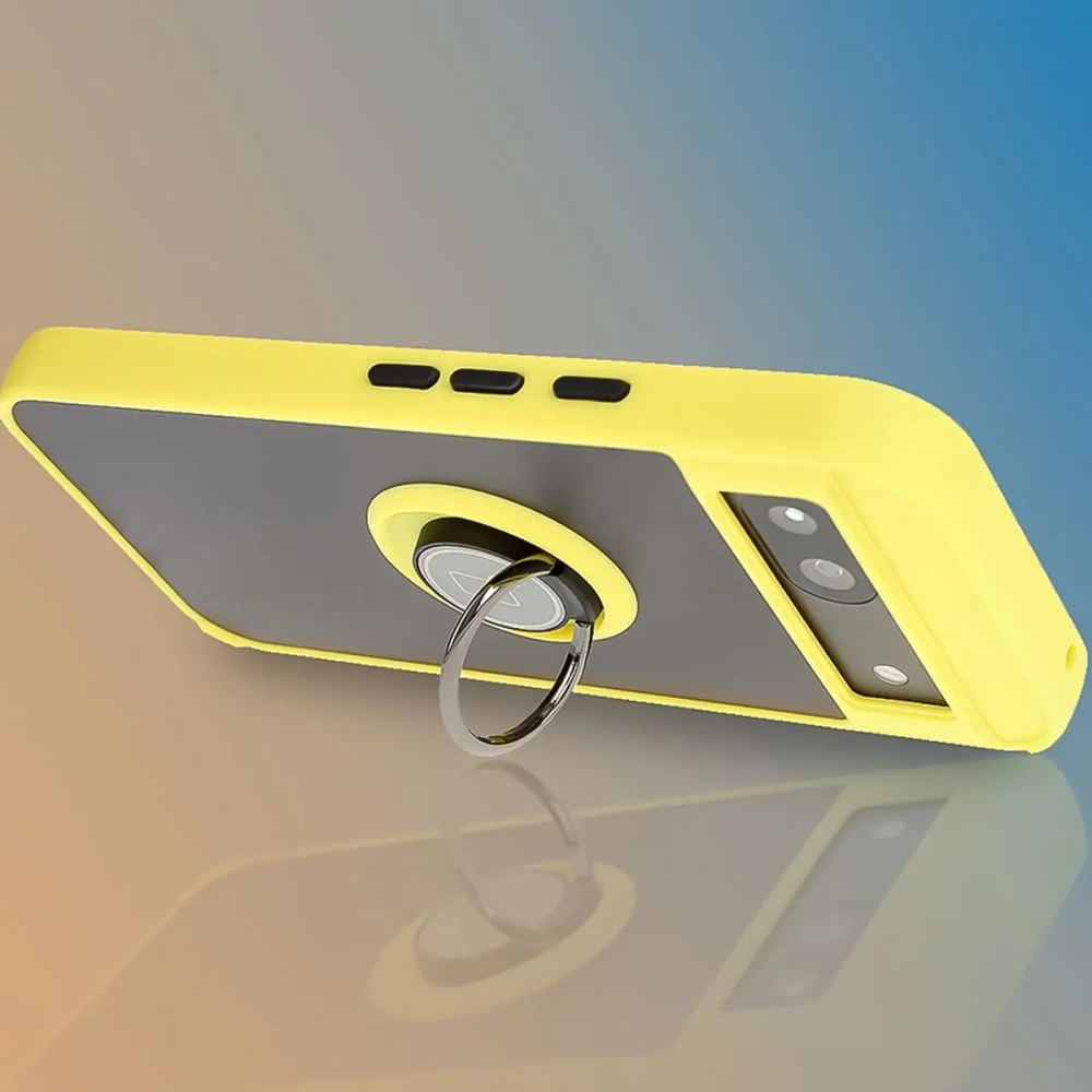 Etui z uchwytem na palec Bizon Case Hybrid Ring do Google Pixel 8a przydymione z żółtą ramką