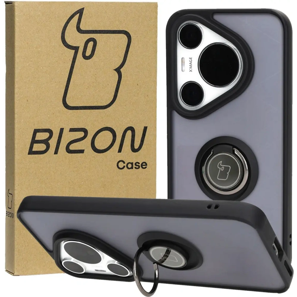Etui z uchwytem na palec Bizon Case Hybrid Ring do Huawei Pura 70 Pro / Pro+ przydymione z czarną ramką