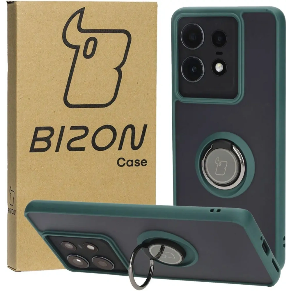 Etui z uchwytem na palec Bizon Case Hybrid Ring do Motorola Edge 50 Pro przydymione z ciemnozieloną ramką