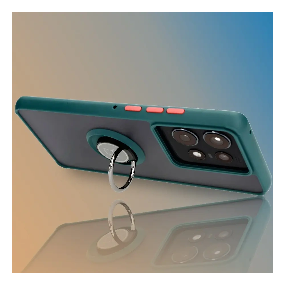Etui z uchwytem na palec Bizon Case Hybrid Ring do Motorola Edge 50 Pro przydymione z ciemnozieloną ramką