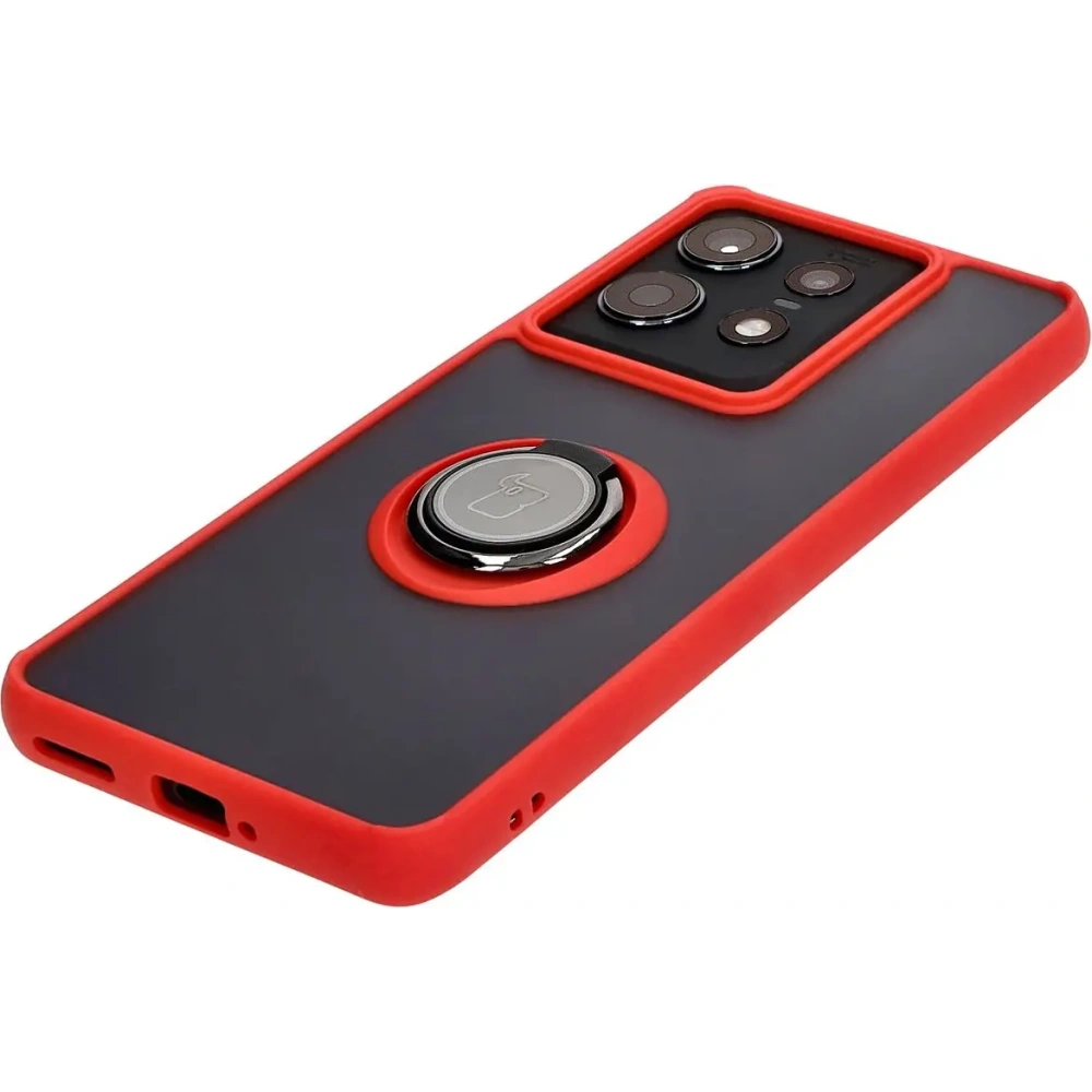 Etui z uchwytem na palec Bizon Case Hybrid Ring do Motorola Edge 50 Pro przydymione z czerwoną ramką